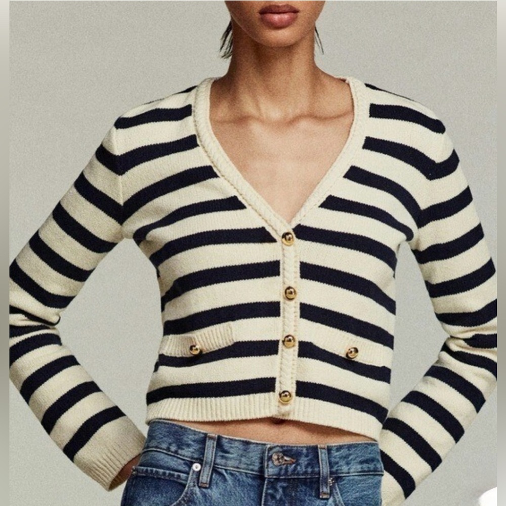 Frame Denim Navy and Cream Striped Cardigan